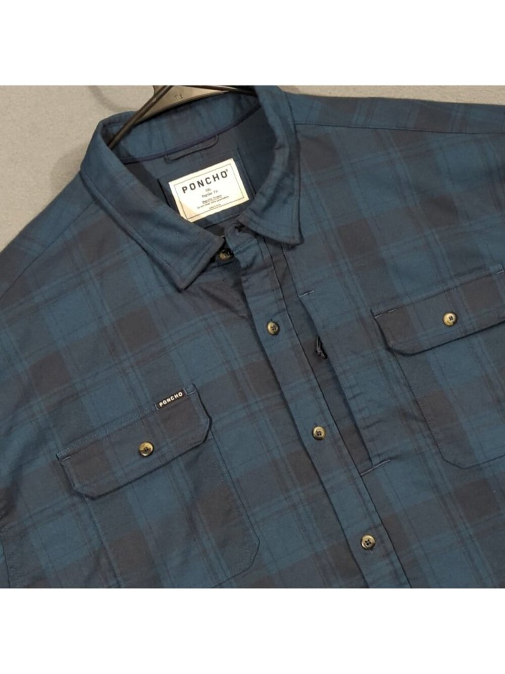 Poncho Flannel Shirt Men's 3XL Blue Plaid Regular Fit Long Sleeve Button Up